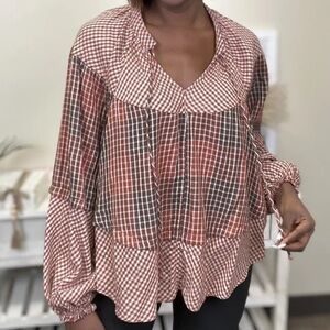 Oli & Hali Glory to the Day Plaid Peasant Dolman Boho Top Size Small